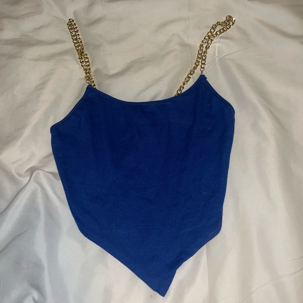 Royal blue crop top with gold chain straps